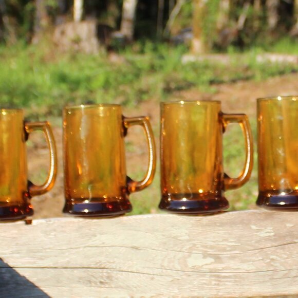 Set of 4 Hazel Atlas Amber Beer Stein Glasses mug vintage mid-century retro - Picture 9 of 11